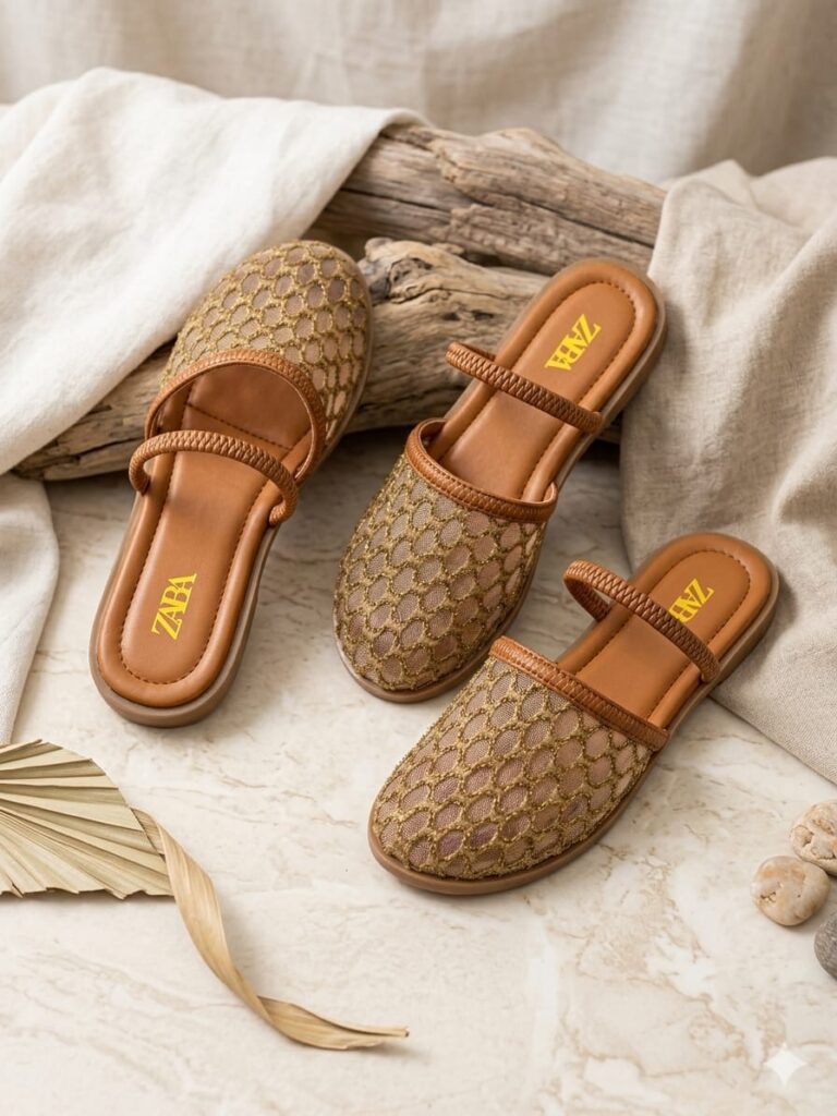 Mules Femme Élégantes en Maille Dorée – Sandales Plates Confort Chic
